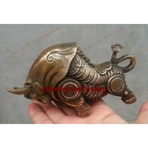 Chinese old Rich Coins ox Wealth Money Bull Lucky Bronze statue