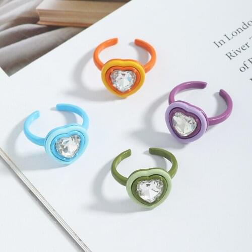 Y2K Ins Trendy Colorful Heart Shape Big Gem Rhinestone Opening Ring For Women Girl Party Fashion Jewelry Gift