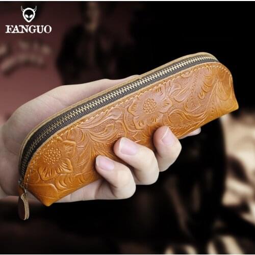 Genuine Leather Pencil Case High Capacity Pen Bags Cute Letter Pencil Bags For Girls Gift School Supplies Retro Stationery