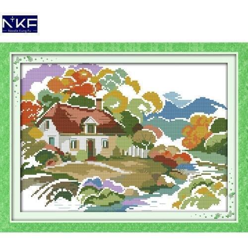 NKF Jungle Cottages Stamped Cross Stitch Pattern DIY Kits Needlework Embroidery Set Chinese Cross Stitch for Home Decor