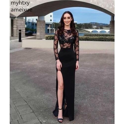 2020 New Sexy Black Lace Evening Dress Plus Size See Sheer Scoop Long Sleeves Backless Side Slit Lace Robe De Soiree Event Dress
