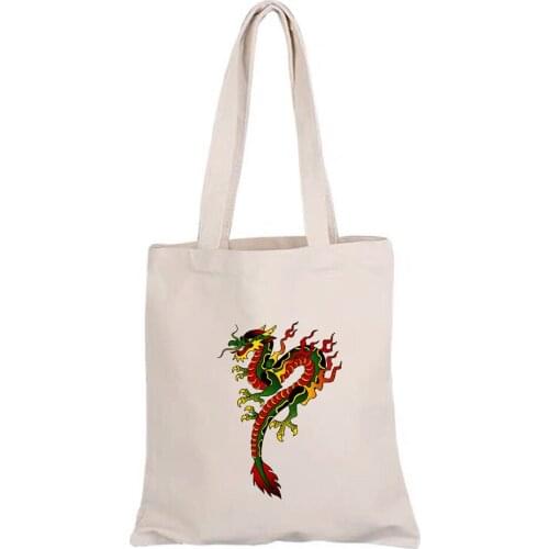 New Ins Shoulder Bags Cool Style Dragon Ulzzang Print Harajuku Retro Canvas Foldable Eco Women Casual Shopper Tote Shopping Bags