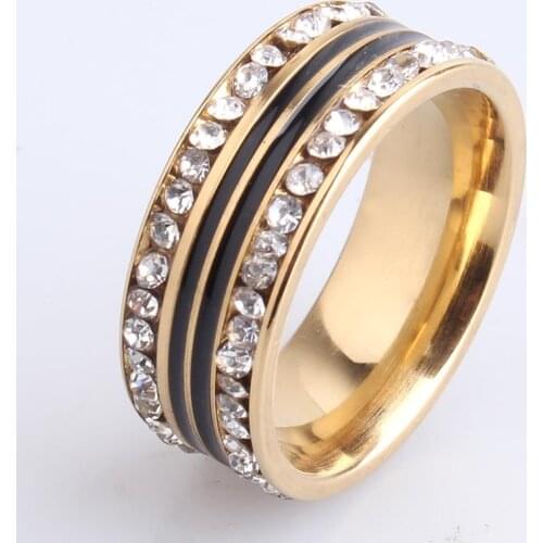 Wedding rings 8MM gold color black Stripes double row crystal 316L Stainless Steel finger rings for men women wholesale