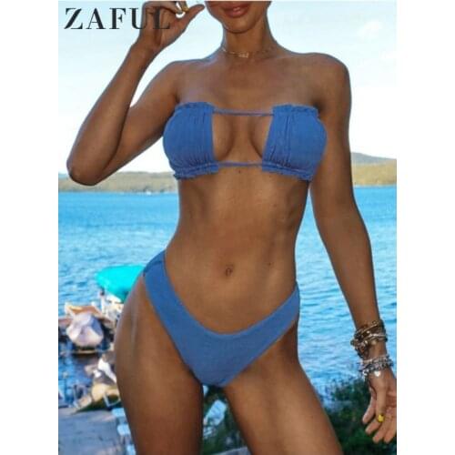 ZAFUL Sexy Ribbed Frilled Tie Cutout High Cut Swimsuit Women Strapless Solid Color Strapless Bandeau Bikini Sets Women Swimwears