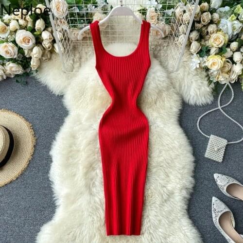 Neploe Knitted Dress Women Fashion Square Collar Sleeveless Tank Ladies Vestidos Elegant Slim Stretch Waist Bodycon Dresses