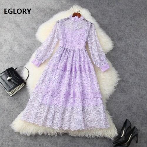 Purple Lace Dress New 2021 Spring Summer Clothes Women Allover Crochet Lace Embroidery Long Sleeve Celebrity Party Ladies Dress