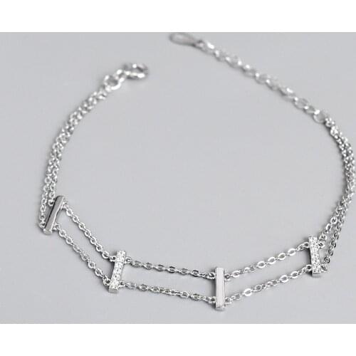 Real 925 Sterling Silver Simple Double Layered Chain Bracelets Bar Shape Zircon Bracelet Fine Jewelry for Women