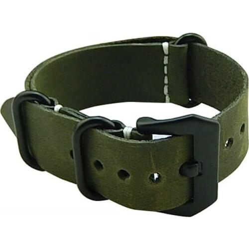 20mm 22mm 24mm Vintage Crazy Horse Leather Watch Strap for 3-Ring Zulu NATO Oil Leather Military Watch Band Black Buckle