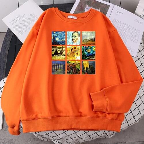 Van Gogh Works Sanskrit Print Hoodie Women Pullovers Hip Hop Streetwear Loose Warm Hoodies Womens Spring New Fashion Sweatshirts