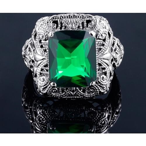 Vintage 925 Sterling Silver Rings Bohemia Hollowed Flower Women Party Cocktail Ring Created Emerald Stone Men Ring Fine Jewelry