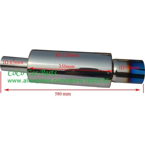 Stainless Steel L Size Exhaust Muffler Pipe Inlet 63mm Length 580mm Outlet 90mm Exhaust Pipe