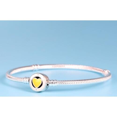 100%925 Yellow Heart Buckle Pan Bracelet in Sterling Silver for Women Beaded Diy European Jewellery