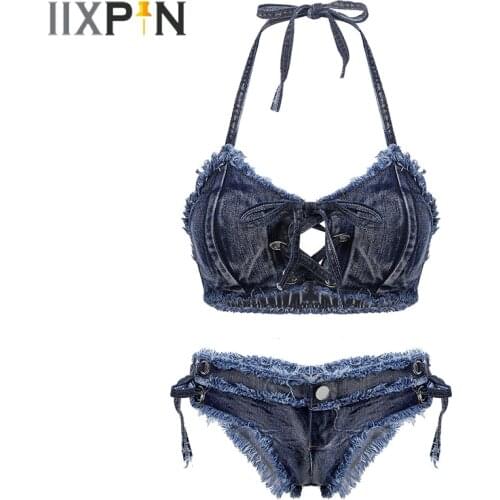 Women Jazz Pole Dance Wear Set Denim Bikini Bra Crop Top Low Waist Briefs Shorts Hot Pants Ladies 2 Piece Sets Outfits 2020 New