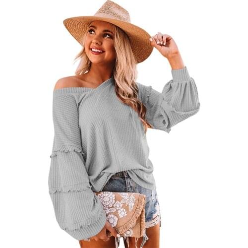 Womens Top Spring Autumn Grey T-Shirts Patchwork Ruffles V-Neck Lantern Sleeve T Shirt Women Clothing 2021 Casual Loose Y2K Top