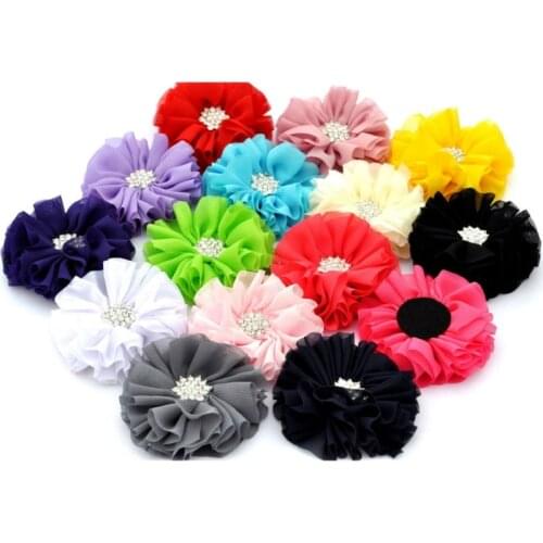 120pcs/lot 6.5cm 15colors Hair Clip Chic Fluffy Chiffon Flowers With Rhinestone Snow Button Fabric Flowers For Headband DIY