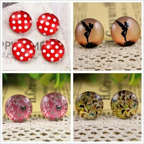 14mm 16mm 18mm 20pcs/lot Butterfly Pink Red Dots Round Photo Glass Cabochons Fit 14/16/18mm Cabochon Base For Bracelet Ear Studs