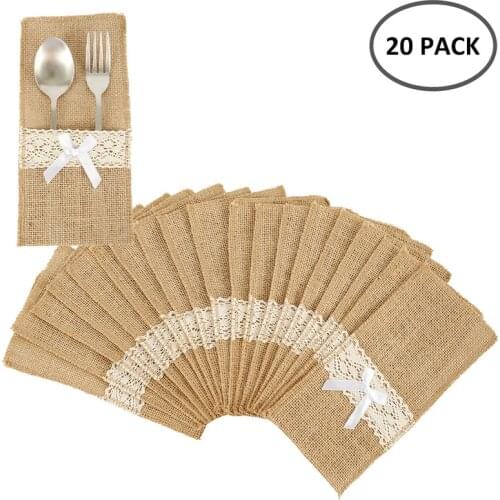 20Pcs Burlap Lace Cutlery Pouch Rustic Wedding Tableware Knife Fork Holder Bag Hessian Jute Table Decoration Accessories