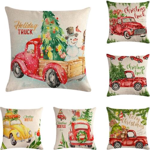 45*45cm red truck and Christmas tree print Cushion Cover Linen Throw Pillow Car Home Decoration Decorative PillowcaseT409