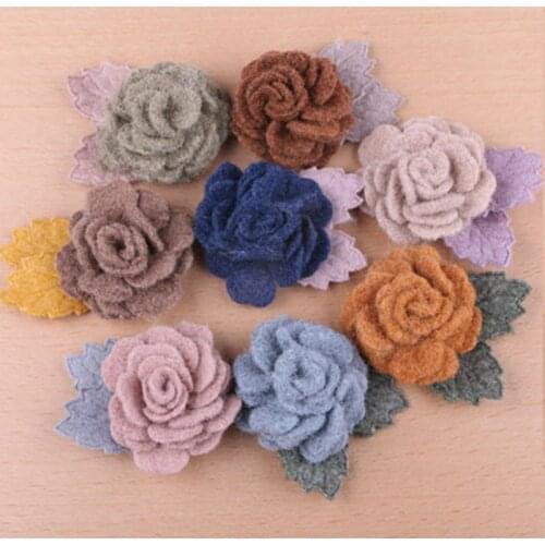 Free Shipping 20pcs/lot Handmade Wool Felt Fabric Rose Flowers Button Stickers Floral Patch Fit Girl Hair Jewelry Clips Headband
