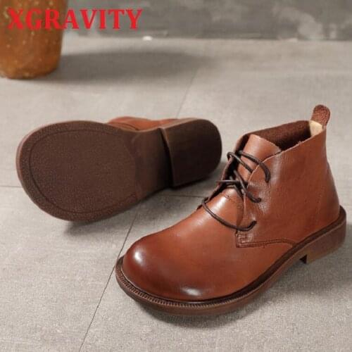 XGRAVITY New Autumn Winter Ankle Boots Female Fashion Cow Genuine Leather Boots Vintage Lace Up Flat Shoes Female Shoes S160