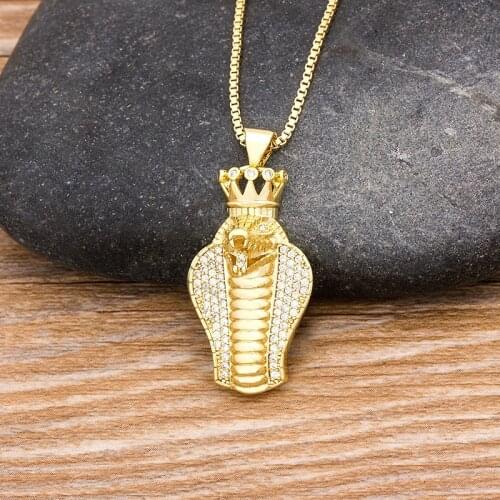 New Fashion Classic Snake Cobra Pendants Necklace For Women/Men Punk Style Gold Color Copper Zircon Chain Crown Jewelry Gifts