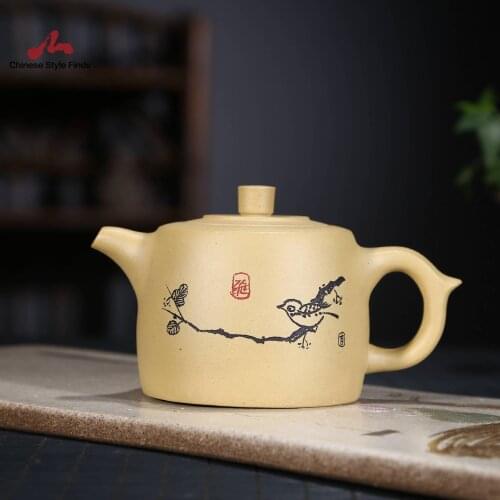 Handmade Yixing Teapot 300cc Purple Clay Zisha Pot Jinglan Bird Yellow Gold Duan Clay