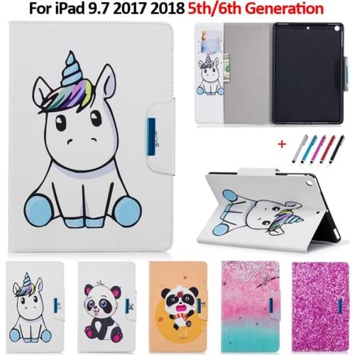 Funda For iPad 9.7 2017/2018 Case Kawaii Unicorn Panda Tablet Cover For iPad 2018 Case For iPad 5th/6th Generation Coque + Pen