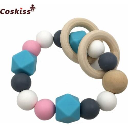 Baby Teether Nursing Bracelet Silicone Beads Wooden Ring Wood Beads Teether Nature Safe Organic Infant Baby Bangle Teether Toys