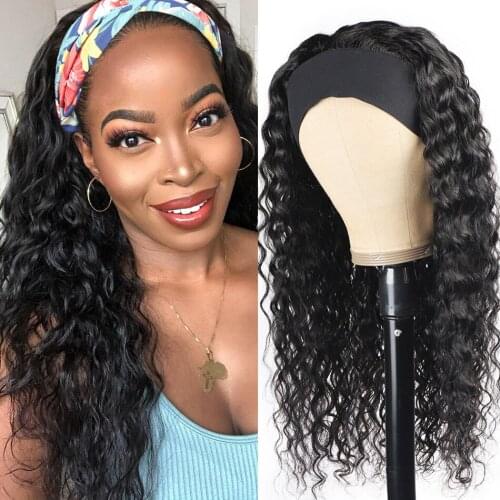 FeelMe Human Hair Wigs Water Curly Wave Headband Wigs Peruvian Remy Human Hair Scarf Wig Glueless 10-26 Inch for Black Women