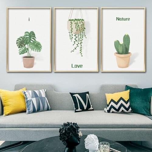 Watercolor Plant Leaves Poster Green Cactus Canvas Painting Scandinavian Wall Art Pictures for Nordic Living Room Home Decor