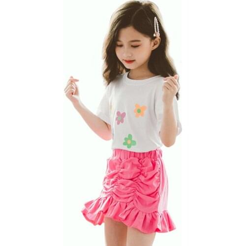 Kids Summer Clothes Girls Flower Pattern Clothing For Girls Tshirt + Draped Skirt Costumes For Girls Teenage Childrens Clothes
