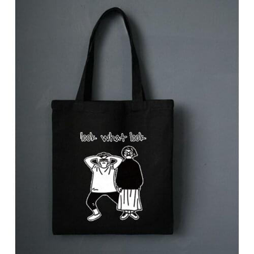 Women Canvas Shoulder Bags Letter Cartoon Printing Shopping Bags Eco Reusable Girls Casual Handbags School Bags White Black