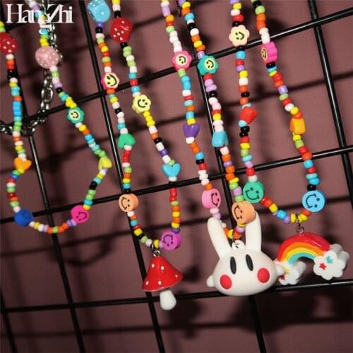 HUANZHI 2021 New Trendy Smiley Beads Dice Rainbow Mushroom Colorful Pendant Necklace for Women Girls Party Accessories Gifts