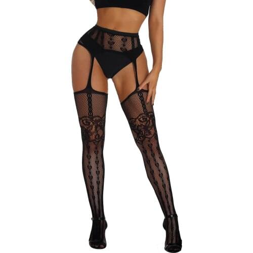 Women Sexy Fishnet Stocking Lingerie Black Lace Nylon Tights Heart Pattern Sexy Pantyhose Garter Belt Suspender Hosiery