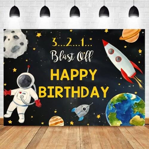 Laeacco Universe Space Theme Birthday Party Banner Planet Spacecraft Astronaut Boy Baby Photo Backdrop Photography Background