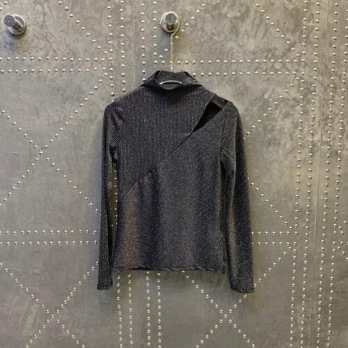 Fashion 2021 new ladies long-sleeved sexy casual small high-necked shoulders hollowed out base shirt 1107