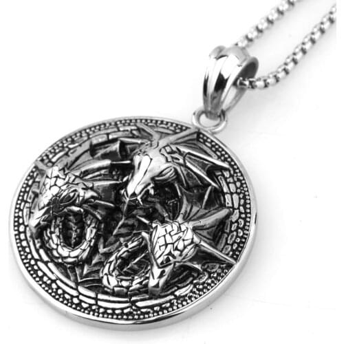New Arrive Stainless Steel Silver Color Round Heavy Three Dragon Head Pendant Necklace Mens Jewelry Free Box Chain Gift 24"*3mm