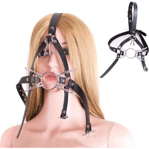 Adjustable Leather Nose Hook Mouth Gag Harness O Ring Open Mouth Gag Head Mask Restraint Bondage Mask Role Play Toys For Couple