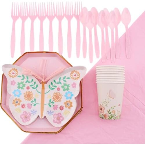 Pink Butterfly Pattern Plate cup Straw Solid Color Tablecloth Birthday Party Home Decoration Disposable Tableware Baby Shower