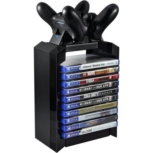 High Capacity Game Disk Tower Vertical Stand for PS4 Dual Controller USB Charging Dock Station for SONY