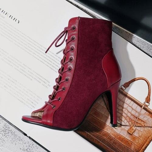 2021 New Women 10cm High Heels Sandals Lace Up Peep Toe Ankle Boots Women Fashion Summer Boots Patchwork Ladies Shoes Black Red