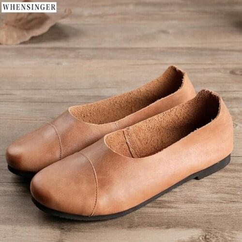 Whensinger - Women Flat Shoes Comfortable Driving shoes loafers Genuine Leather Casual Flats Shoe