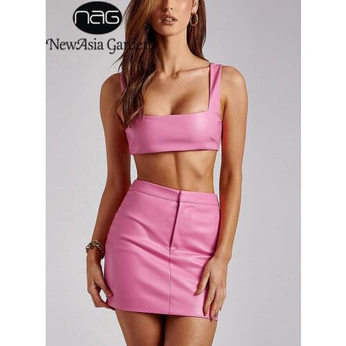 NewAsia Leather Two Piece Skirt Set Women Single Breasted Crop Top Zipper Slim Fit Mini Skirts Set Fall Sexy Matching Sets 2021