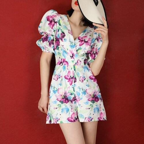 2020 Summer Elegant Print Women Short Jumpsuits V Neck Puff Short Sleeve High Waist Hit Color Playsuits