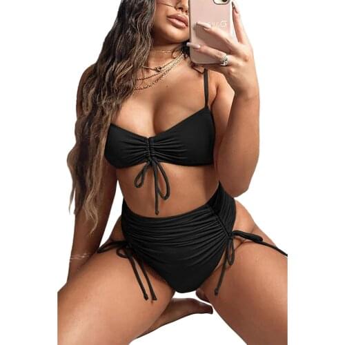 Women’s Solid Color 2Pcs Bikini Suit, Pleated Inner Drawstring Low Neck Tank Tops and High Waist Bottoms Swimwear Women 2021