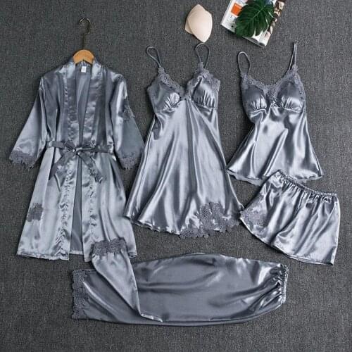 Women Pajamas Suit Summer White Robe Kimono Gown Pyjamas With Trousers Satin Ice Silk Sleepwear V-Neck Intimate Lingerie