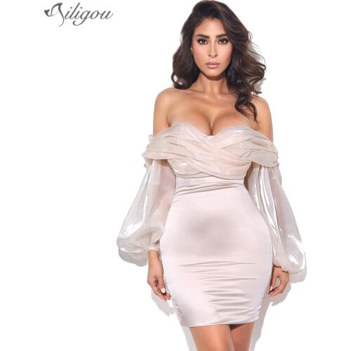 Ailigou 2021 New Summer Womens Satin Mini Lantern Sleeve Sexy Banquet Dress Off Shoulder Draped Tight Elegant Dress Vestidos