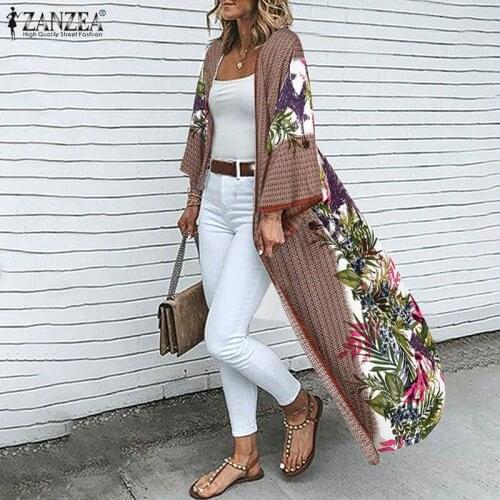 Summer Bohemian Floral Printed Beach Kimono ZANZEA Women Vintage Long Cardigan Casual Long Sleeve Blouse Open Front Tunic Tops