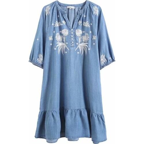 Embroidery summer denim dress women v neck soft Jeans ruffled dresses casual short sleeves blue casual dress