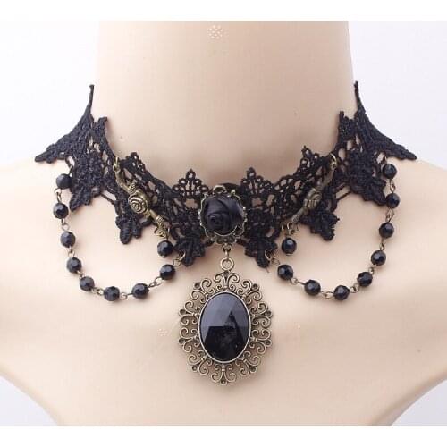 Fashion Lolita Gothic Black Rose Flower Lace Choker Collar Necklace Beads Chain